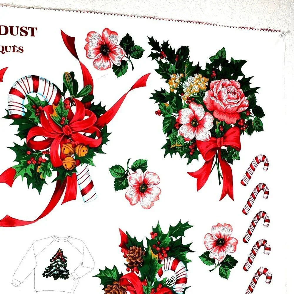Vintage Christmas Star Dust Appliqués Fabric Panel By Cranston Print Works